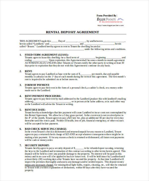 rental deposit agreement form