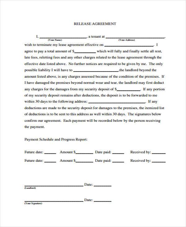 rental release agreement form sample