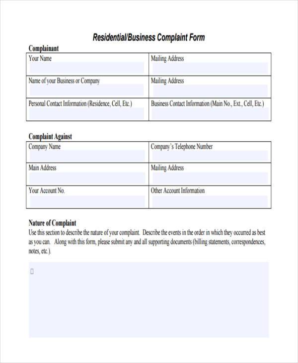 residential business complaint form sample