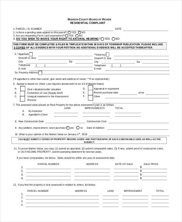residential complaint form example