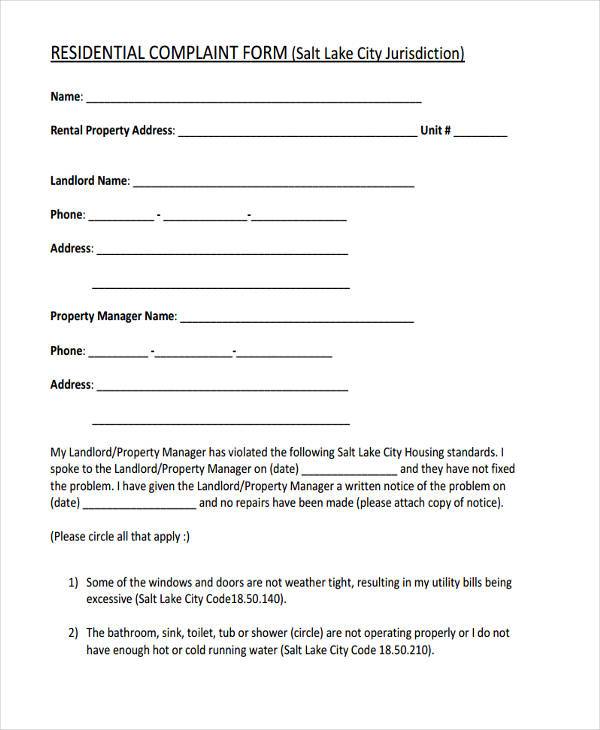 Printable Resident Complaint Forms