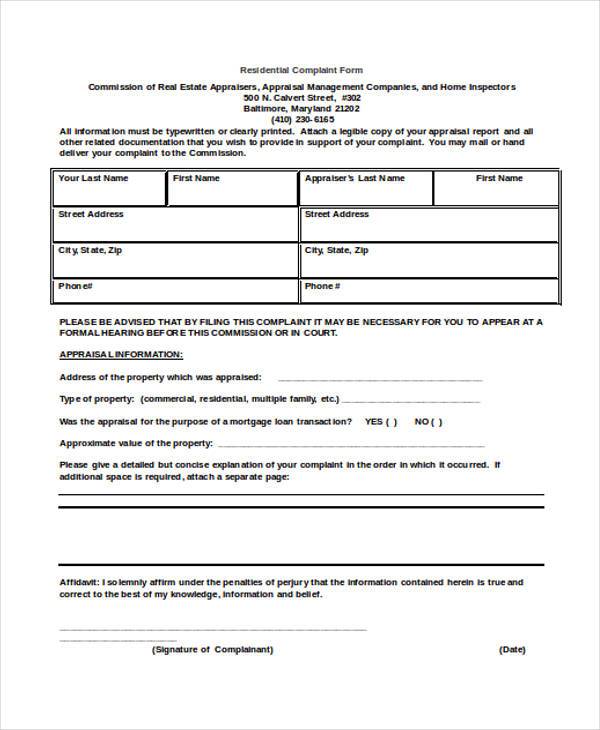 residential complaint form in doc