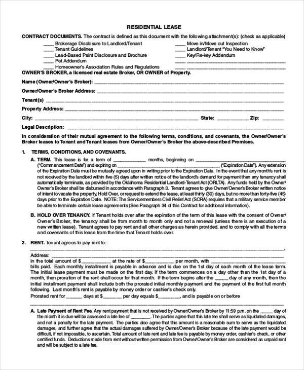 residential lease agreement form example