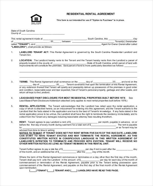 residential rental agreement form