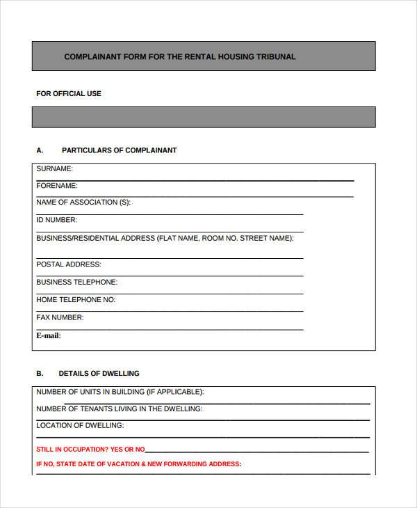 residential rental complaint form example