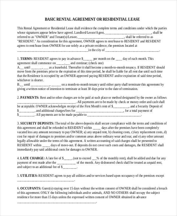 residential rental lease agreement form