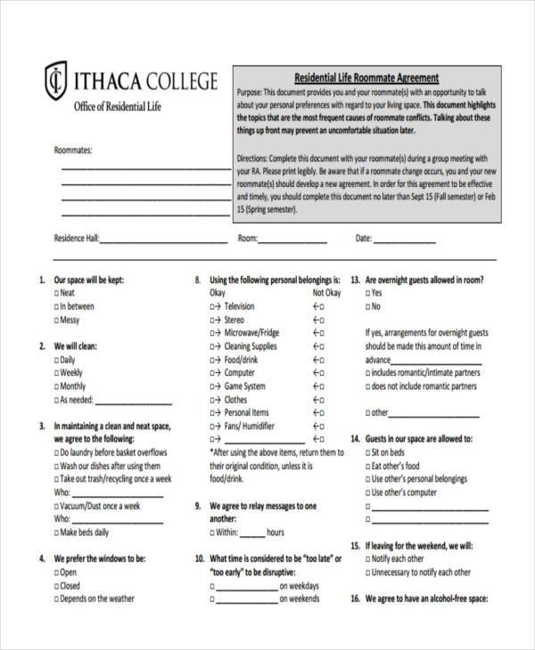 residential roommate agreement form