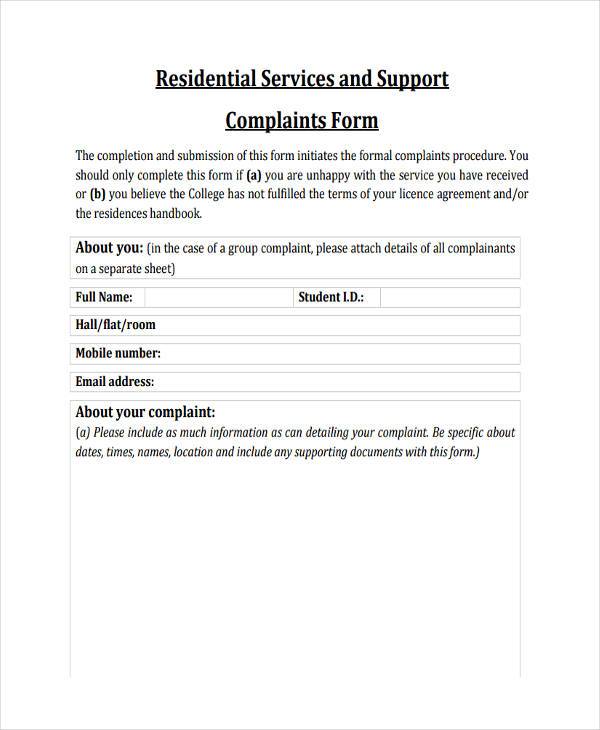 residential services complaint form