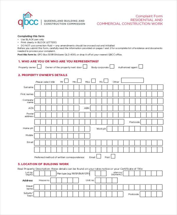 residential and commercial construction complaint form