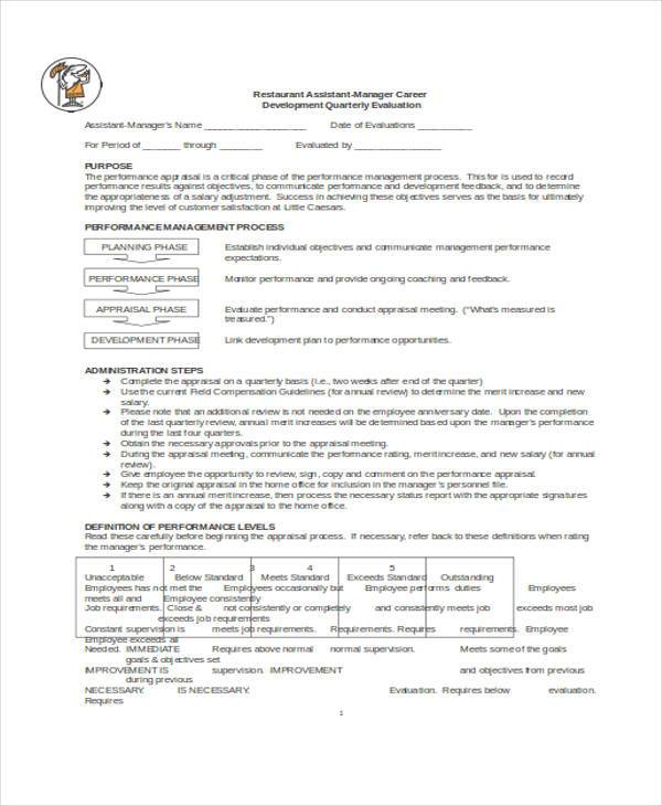 restaurant manager evaluation form