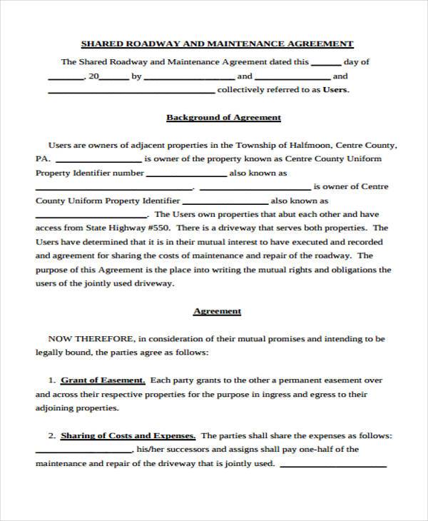 road maintenance agreement form example