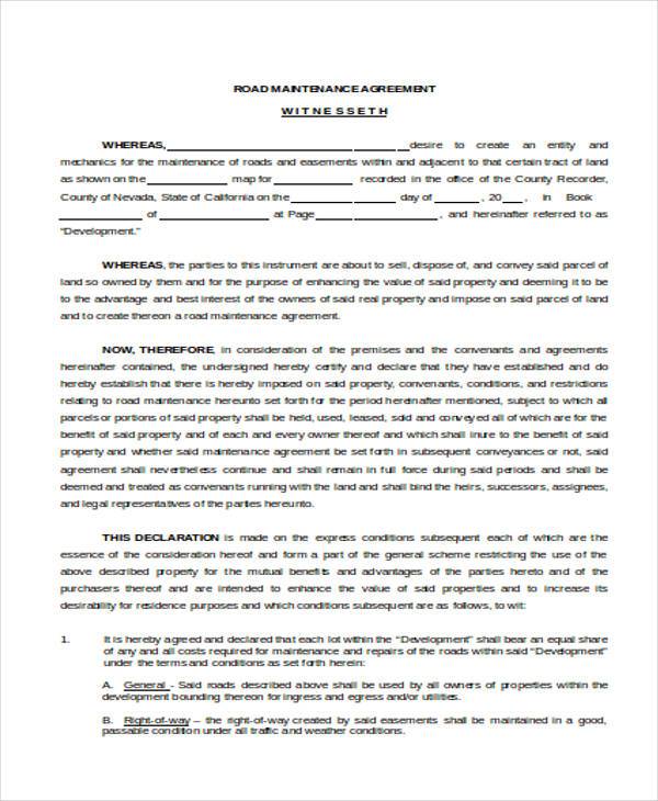 FREE 6 Sample Road Maintenance Agreement Forms In PDF MS Word