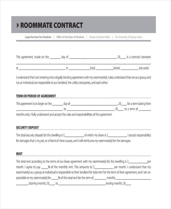 roommate contract agreement form