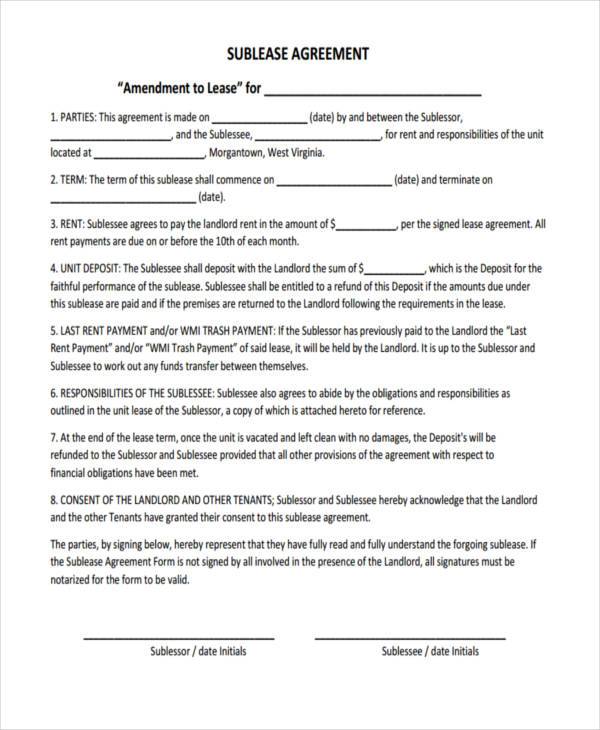 roommate sublease agreement form sample
