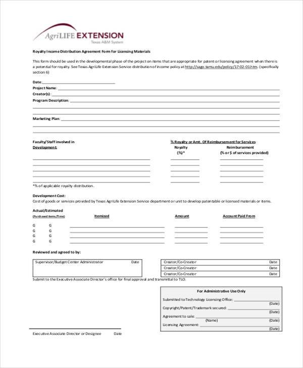 royalty distribution agreement form
