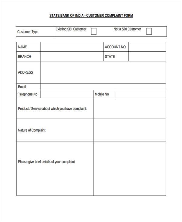 sbi customer complaint form sample