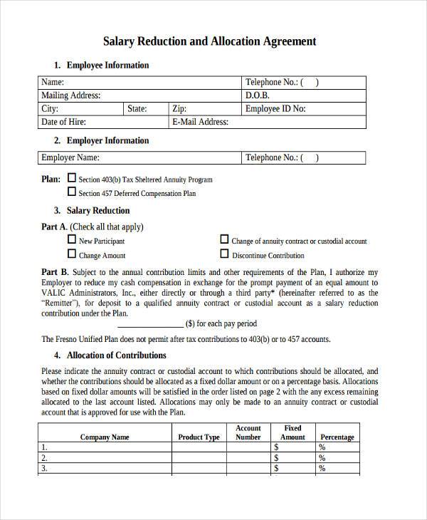 salary reduction allocation agreement form