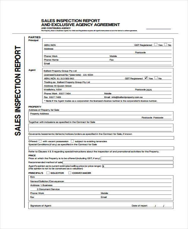 sales inspection report exclusive agency agreement form