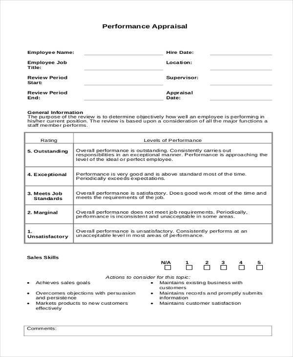 sales performance appraisal form