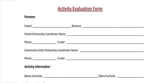 sample activity evaluation forms