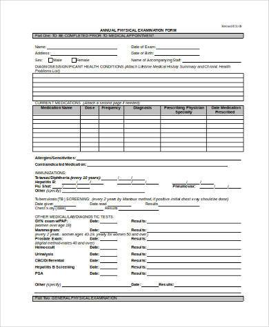 sample annual physical form