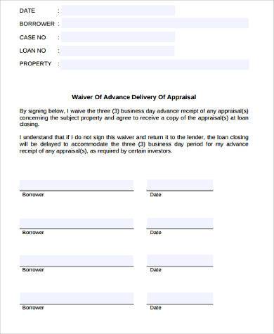 sample appraisal delivery waiver form