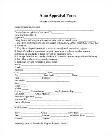 sample auto appraisal form