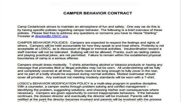 sample behavior contract forms