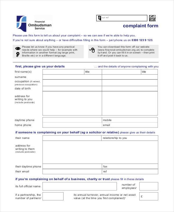 sample business complaint form