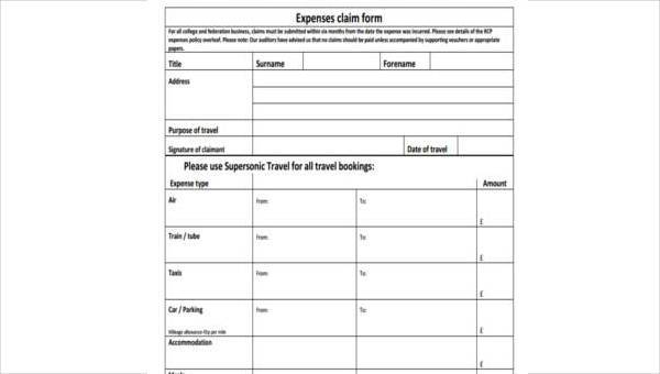 sample business expense claim forms