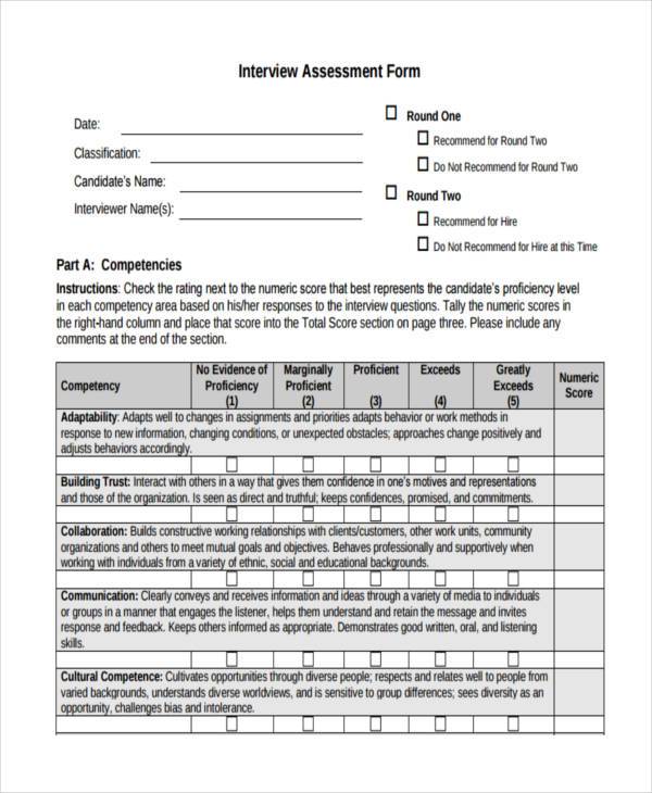 sample candidate interview assessment form