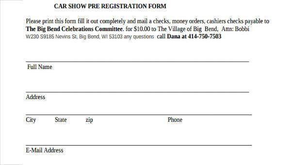 Printable Car Show Registration Form Template