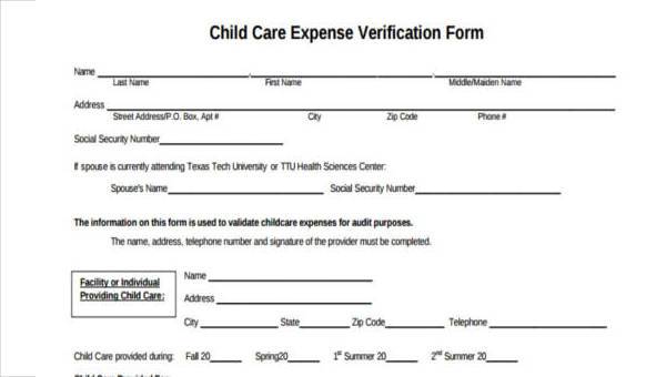 sample child care expense forms