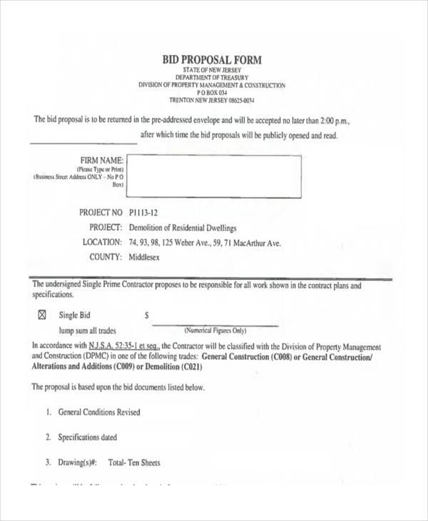 sample construction bid proposal form
