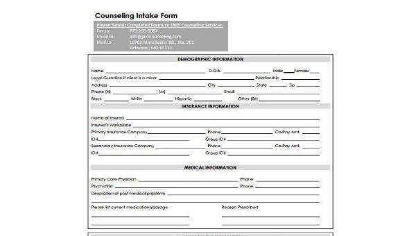 Free 9 Sample Counseling Intake Forms In Pdf Ms Word 7223