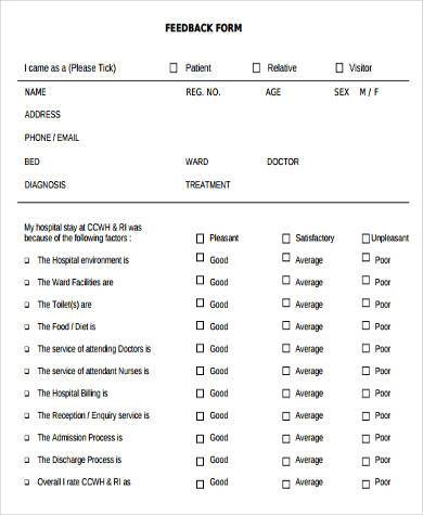 sample customer feedback form for hospital