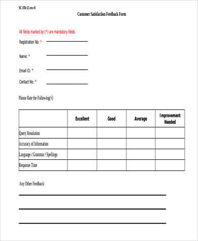 sample customer satisfaction feedback form