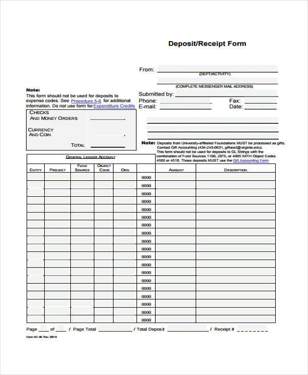 FREE 13+ Deposit Receipt Form Samples, PDF, MS Word, Google Docs, Excel
