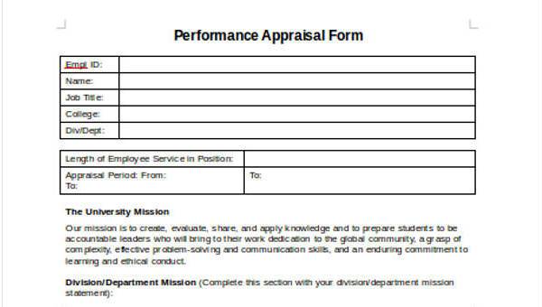sample employee performance appraisal forms