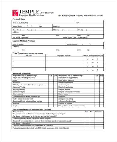 sample employment physical form