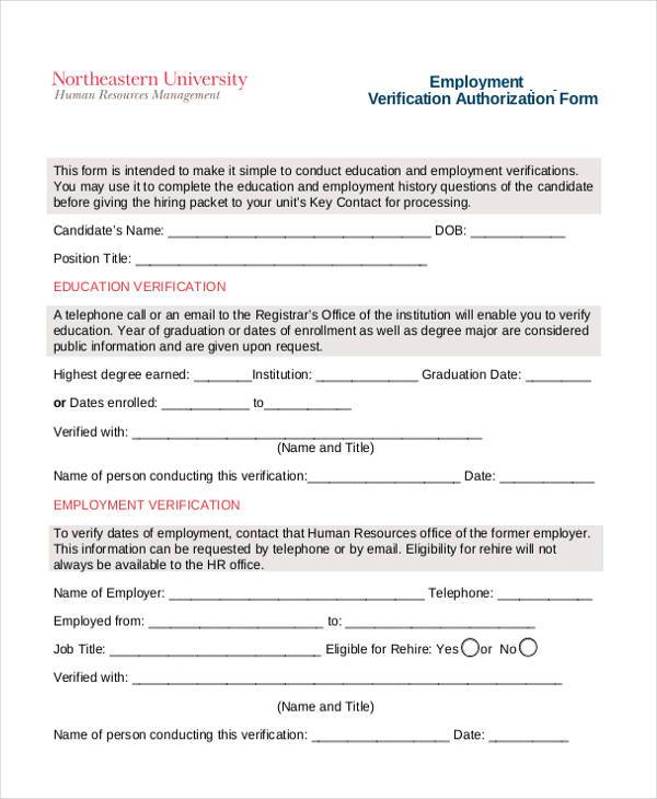 sample employment verification authorization form