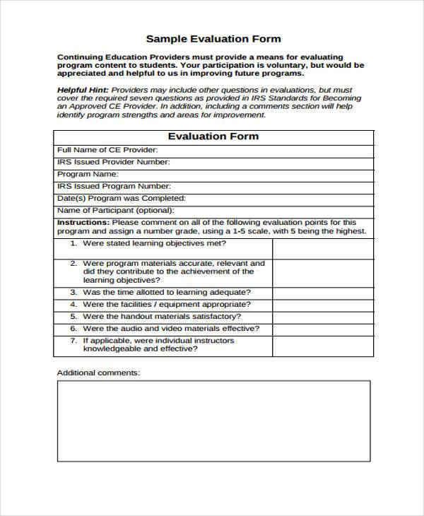 sample evaluation form 