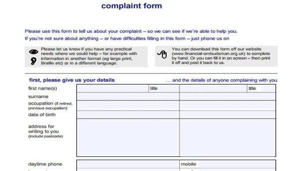 sample financial complaint forms