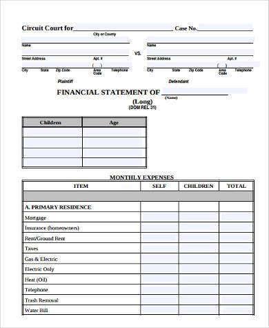 sample financial statement form