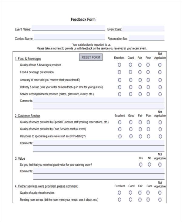 sample food service feedback form