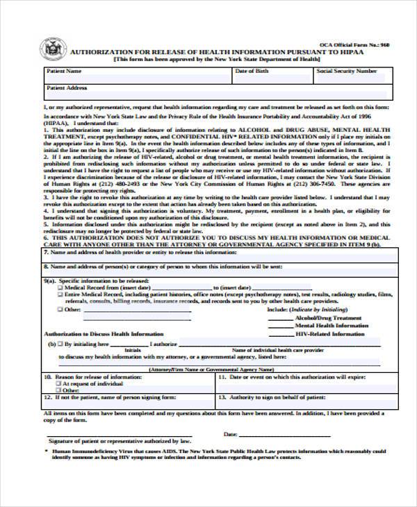 sample hipaa release of information form