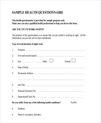 sample health questionnaire form