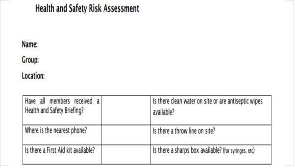 sample health and safety risk assessment forms