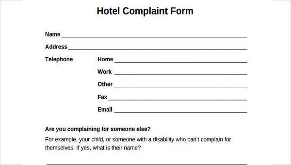 sample hotel complaint forms