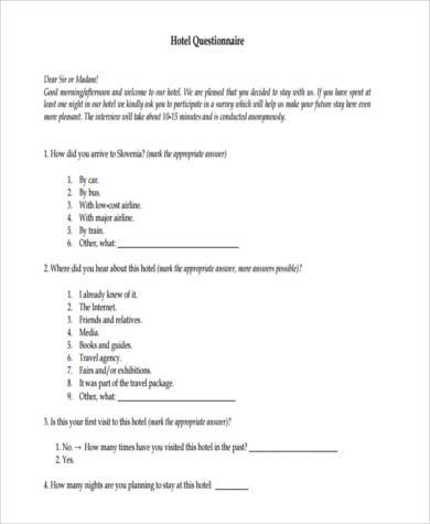 sample hotel questionnaire form